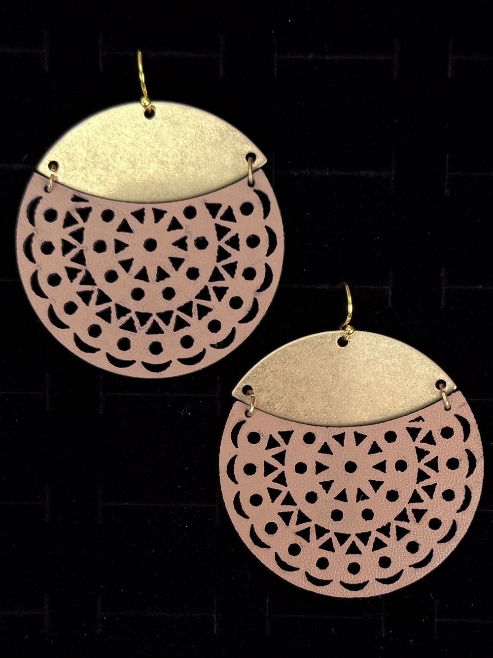 Vintage bohemian, aged brass tone, hinged cut out round pierced earrings